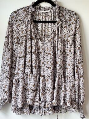 By Together Floral Boho Peasant Blouse Size Small Ruffle Smocked Cuff